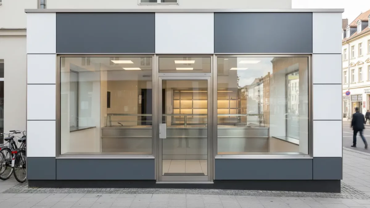 Moderne Ladenfront mit großen Glasfenstern und zentraler Tür.