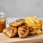 Gegrillte Hähnchenflügel mit Pommes und Dip.
