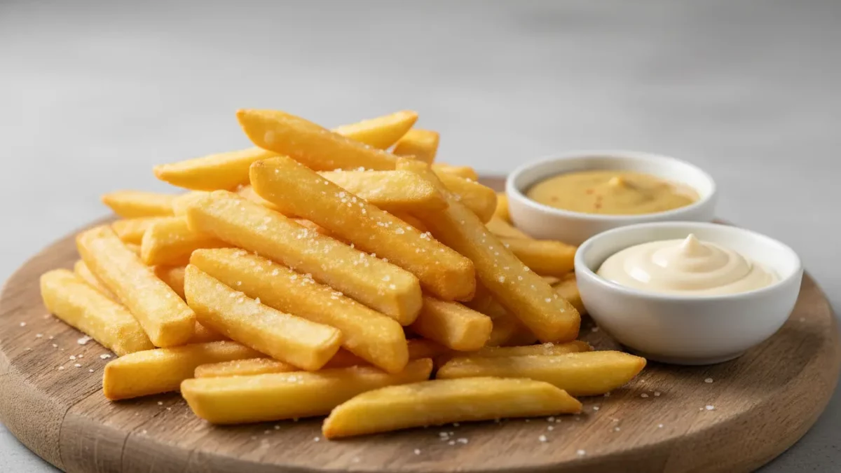 Knusprige Pommes Frites mit Dip auf Holzbrett.