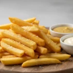 Knusprige Pommes Frites mit Dip auf Holzbrett.