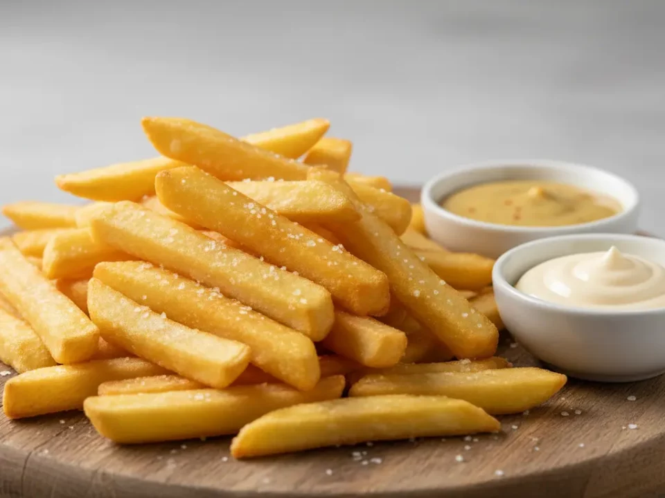 Knusprige Pommes Frites mit Dip auf Holzbrett.