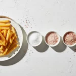 Pommes Frites auf Teller neben Salzsorten.