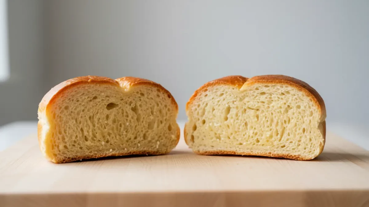 Aufgeschnittenes Brot liegt nebeneinander auf Holzbrett.