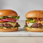 Zwei Hamburger auf Marmorteller mit Belag.