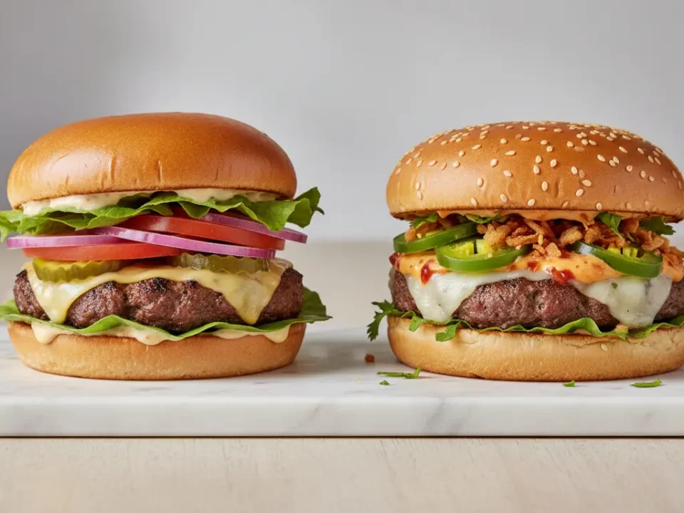 Zwei Hamburger auf Marmorteller mit Belag.