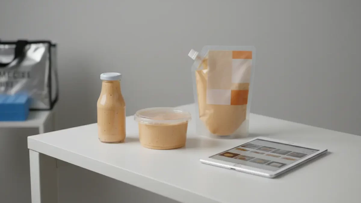 Saucenflaschen, Becher und Beutel auf weißem Tisch, Tablet sichtbar
