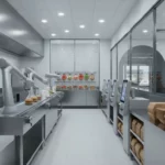 Kantine mit Roboterarmen, Brötchen und Bestellterminals.