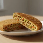 Gebackenes Nudel-Sandwich mit Gemüsefüllung auf Teller