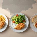 Drei Teller mit gegrillter Hähnchenbrust und Beilagen