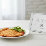 Paniertes Schnitzel mit Salat neben Tablet.