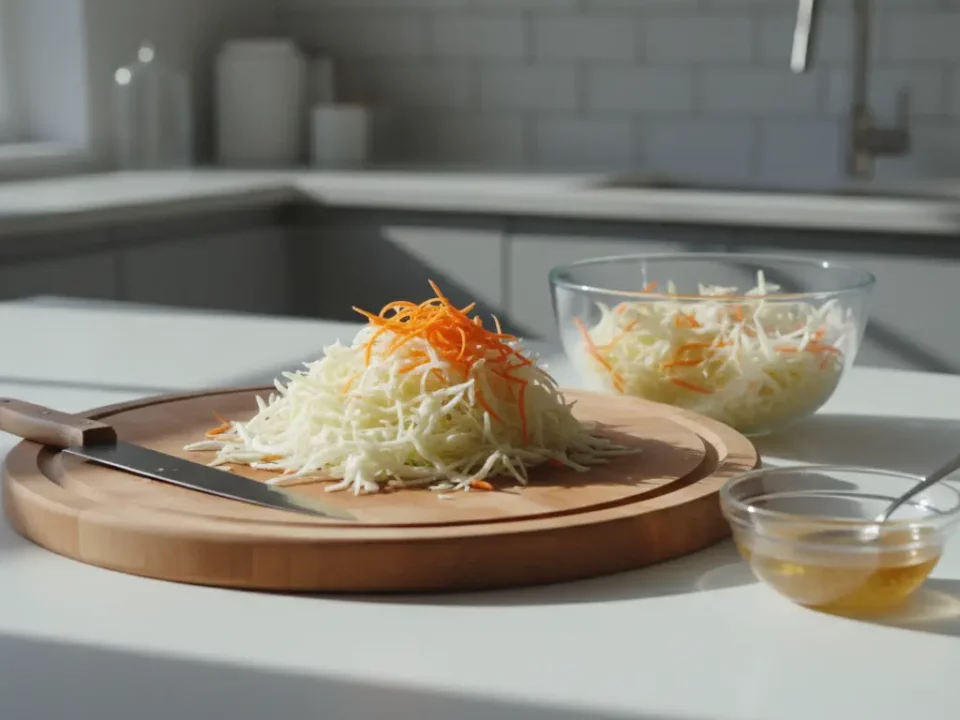 Zerkleinerter Kohl mit Karotten auf Schneidbrett.