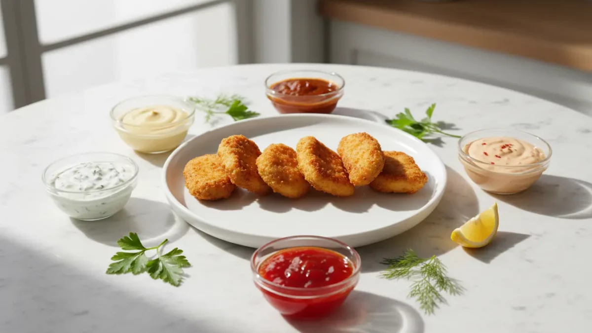 Knusprige Nuggets auf Teller, umgeben von Dip-Saucen.