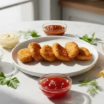 Knusprige Nuggets auf Teller, umgeben von Dip-Saucen.