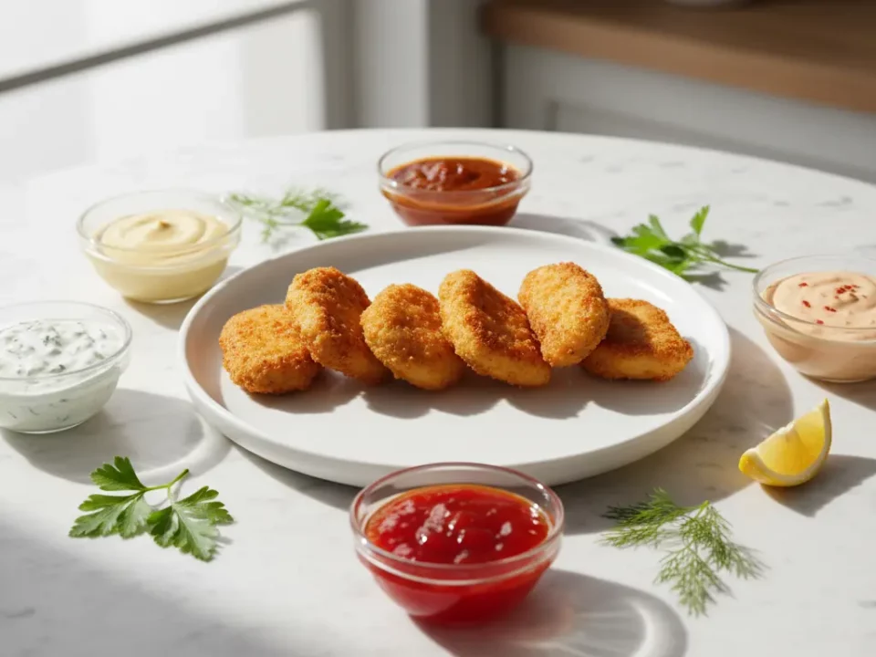 Knusprige Nuggets auf Teller, umgeben von Dip-Saucen.