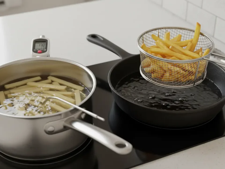 Kochtopf mit Nudeln, Pfanne mit Pommeskorb darüber.