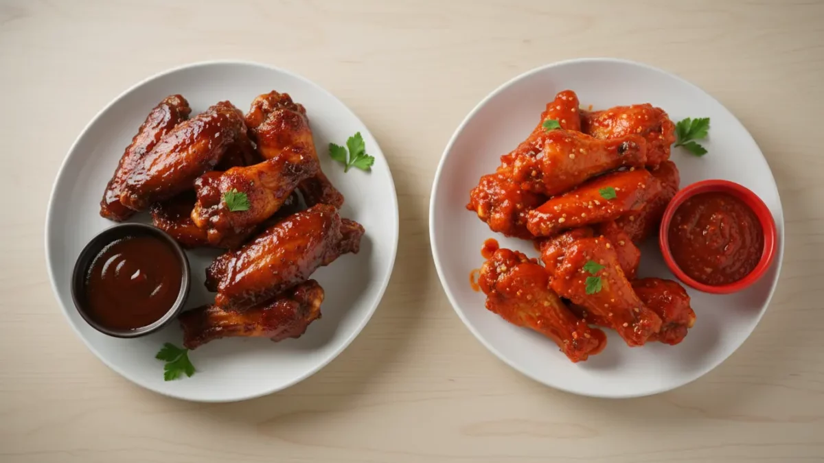 Zwei Teller Hähnchenflügel mit Saucen