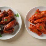 Zwei Teller Hähnchenflügel mit Saucen