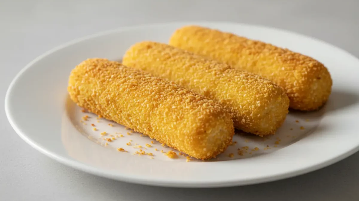Drei knusprige Kroketten auf weißem Teller.