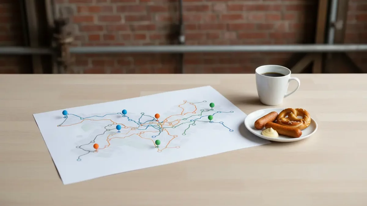 Karte mit bunten Stecknadeln, Kaffee und Gebäck.