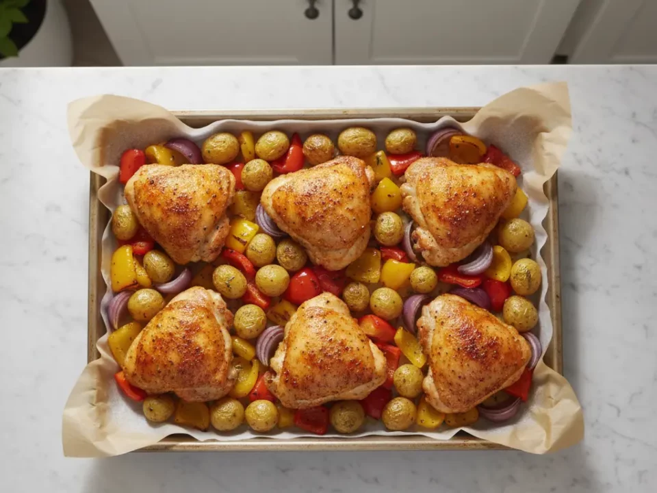 Ofenbackene Hähnchenkeulen mit Paprika, Kartoffeln und Zwiebeln