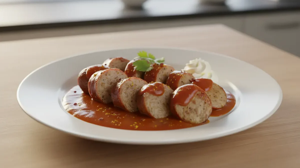 Wurstscheiben in roter Sauce auf dem Teller.