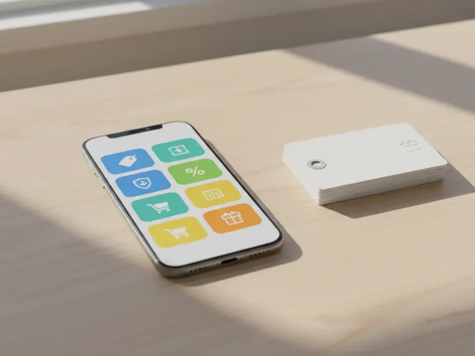 Smartphone mit bunten Apps neben Kartenstapel auf Holz, 2026.
