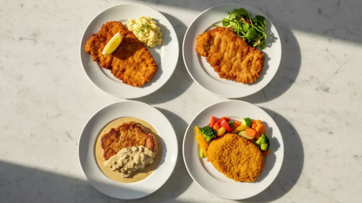 Vier panierte Schnitzel mit jeweils unterschiedlicher Beilage.