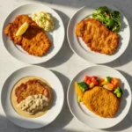 Vier panierte Schnitzel mit jeweils unterschiedlicher Beilage.