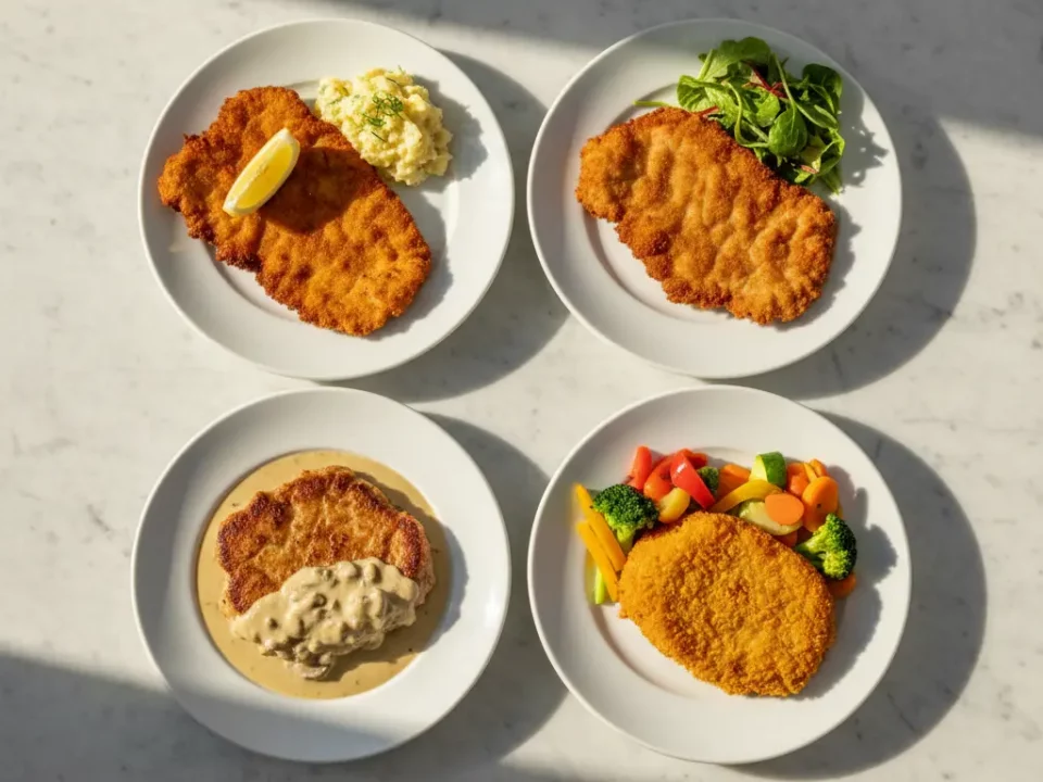 Vier panierte Schnitzel mit jeweils unterschiedlicher Beilage.