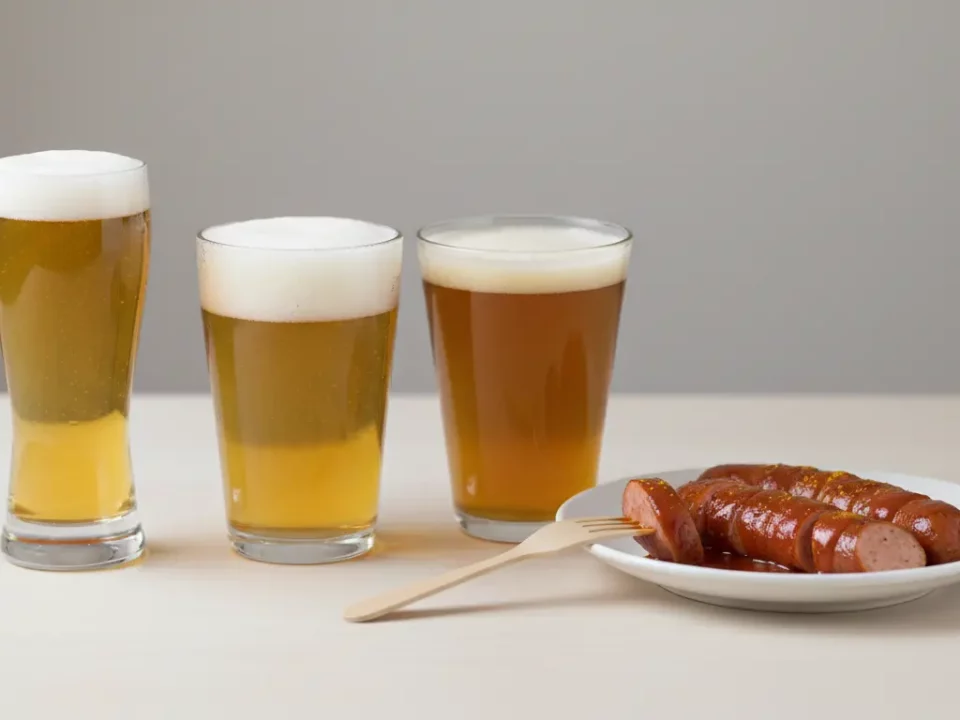 Drei Biergläser und Würstchen auf einem Teller