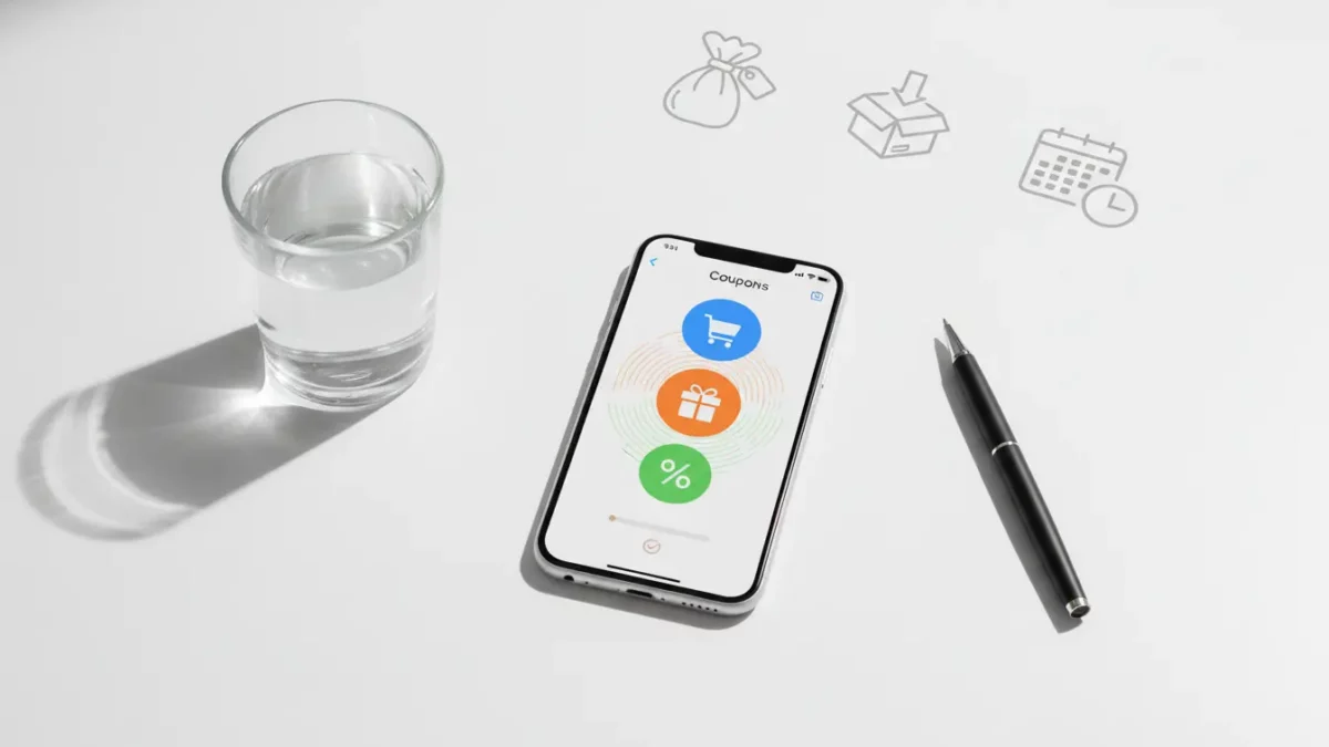 Smartphone mit Gutscheinen-App neben Glas Wasser und Stift.