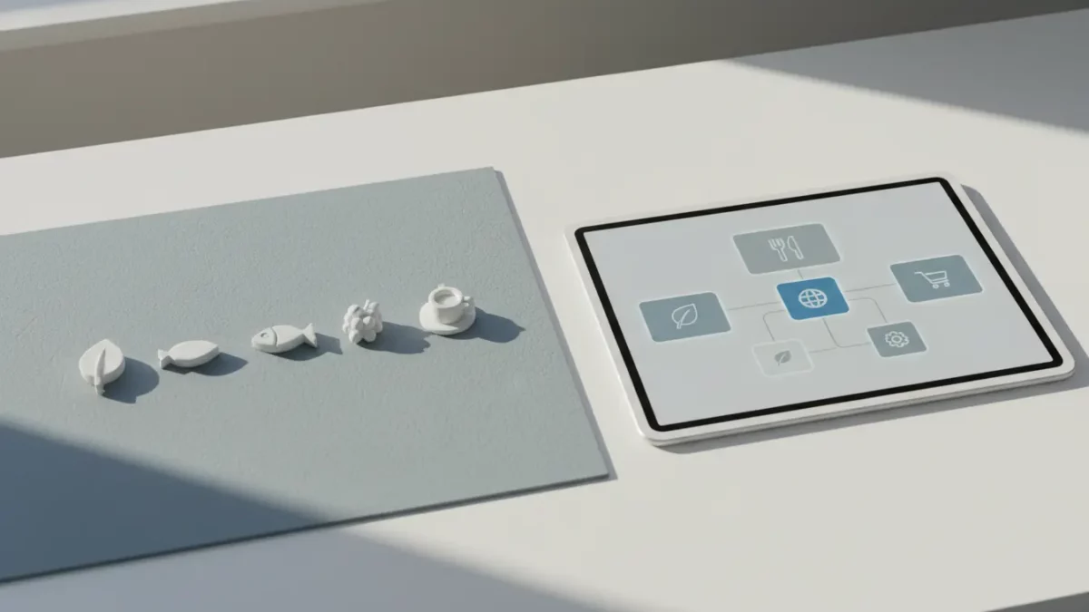 Tablet mit interaktiver Oberfläche neben 3D-Objekten.