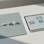 Tablet mit interaktiver Oberfläche neben 3D-Objekten.