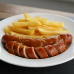 Würstchen mit Pommes auf weißem Teller.