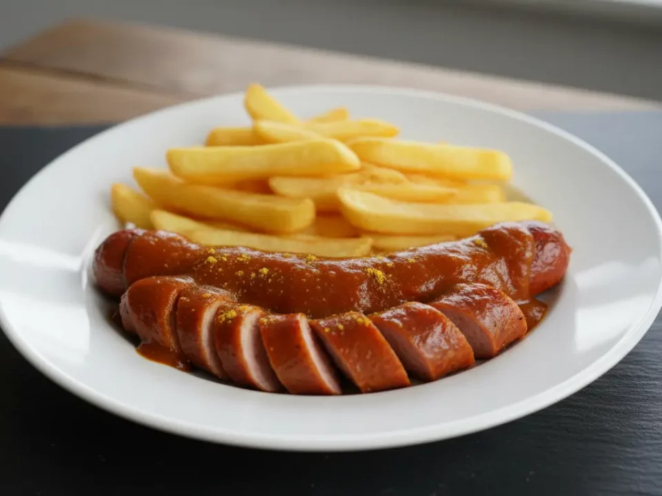Würstchen mit Pommes auf weißem Teller.