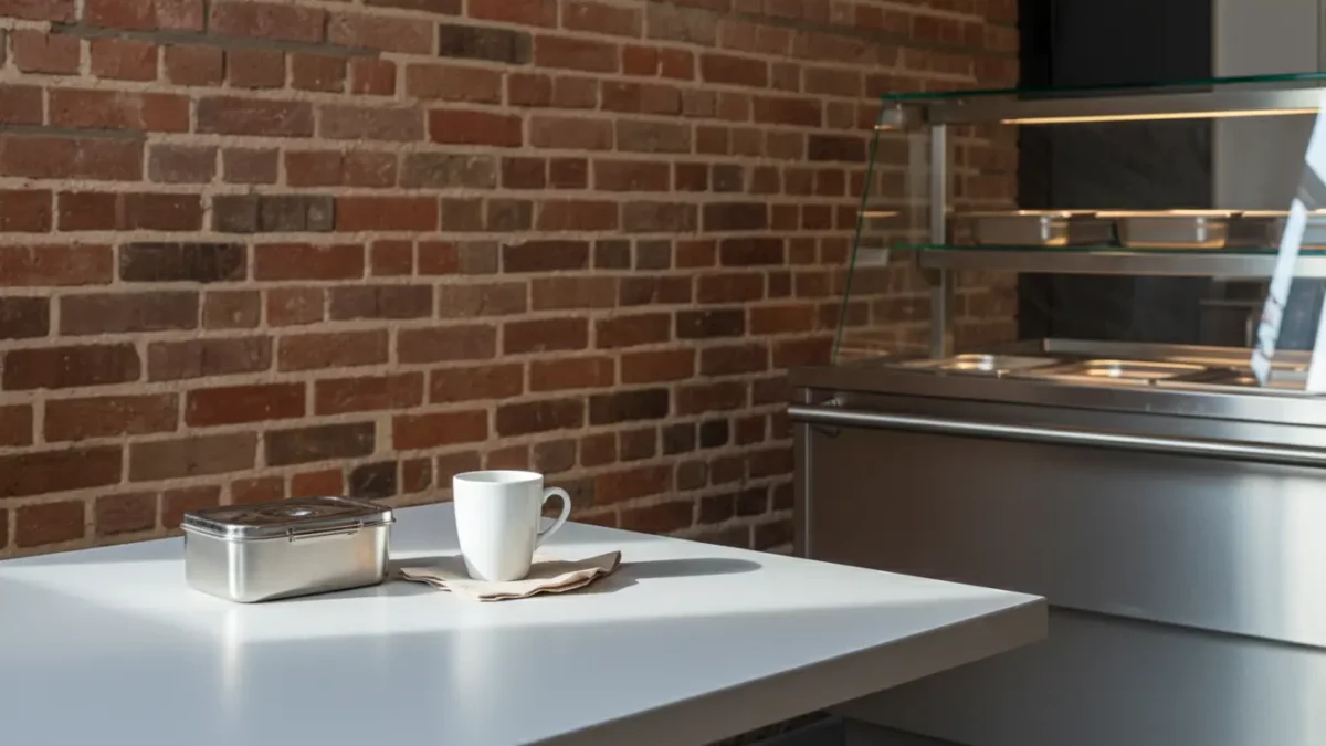 Weiße Tischplatte mit Metallbox und Kaffeebecher vor Backsteinwand.