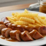 Würstchen, Pommes und Bratensauce auf weißem Teller.