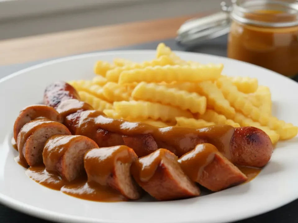 Würstchen, Pommes und Bratensauce auf weißem Teller.