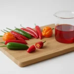 Verschiedene Chilischoten auf Holzbrett neben Becherglas mit rotem Saft