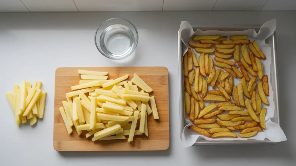 Kartoffelstäbchen auf Schneidebrett und Backblech