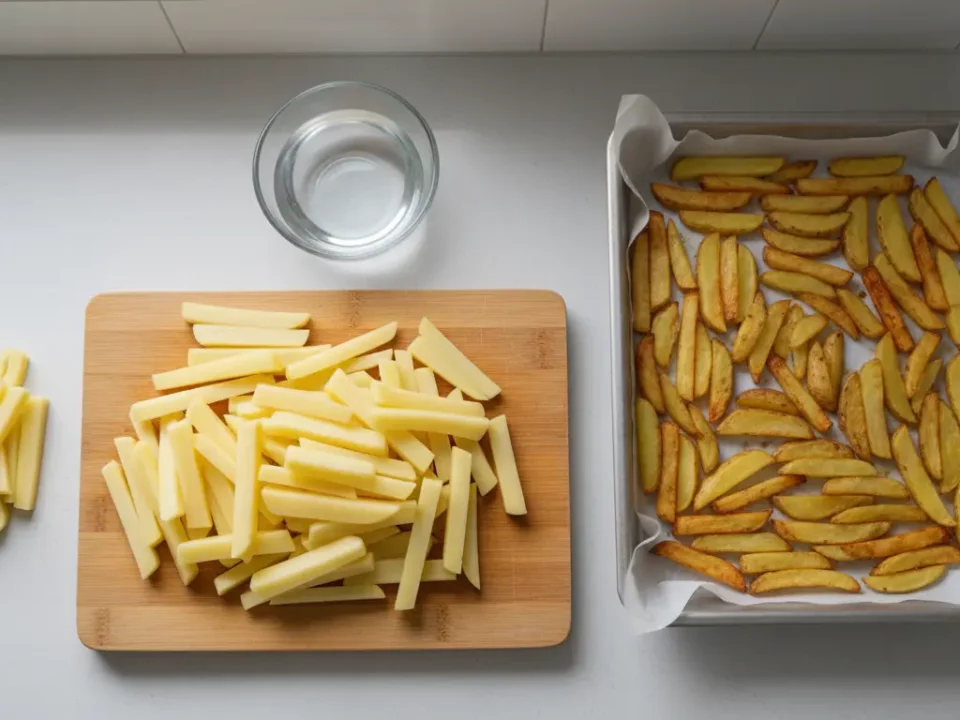Kartoffelstäbchen auf Schneidebrett und Backblech