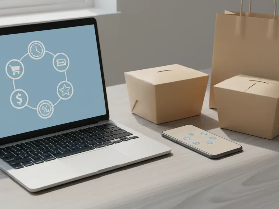 Laptop mit Online-Shop-Diagramm, Kartons und Smartphone