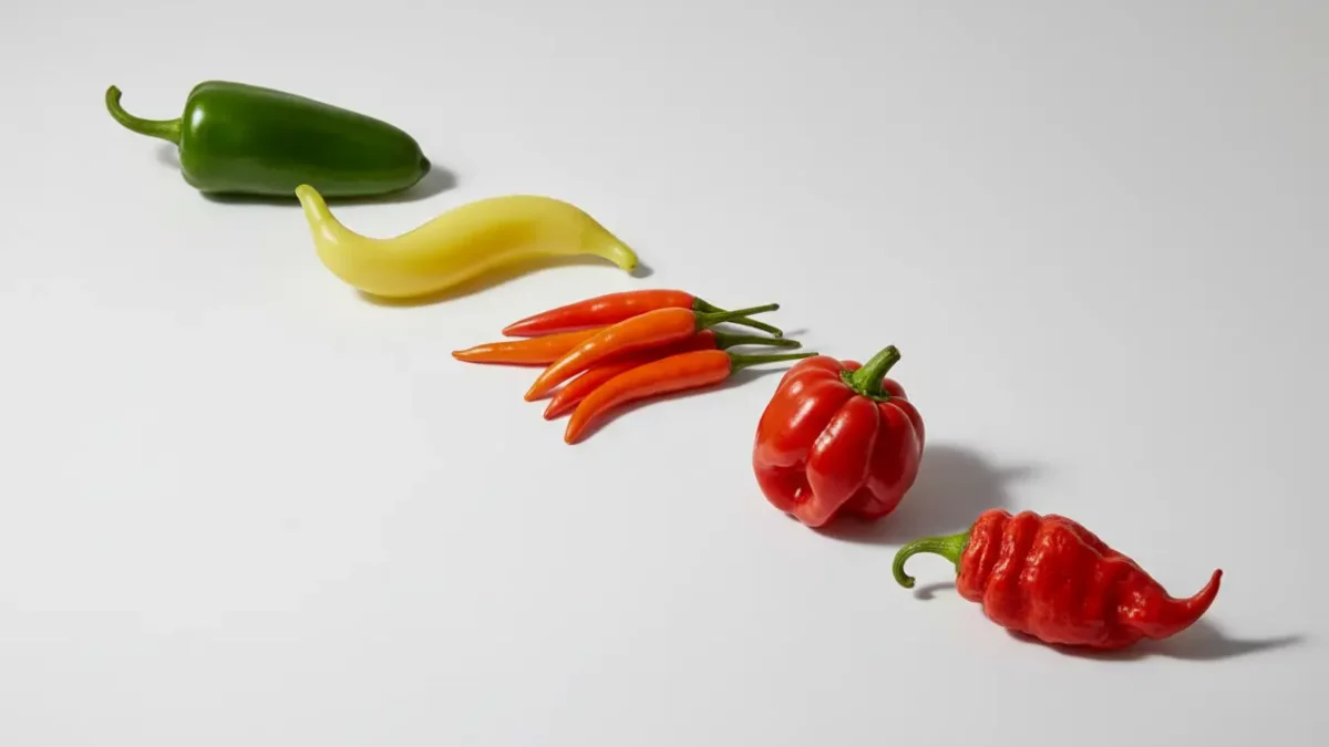 Verschiedene Paprika und Chilischoten auf weißem Hintergrund.