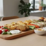 Vielfältige Snackplatte mit Mozzarella, Tomaten und Dips
