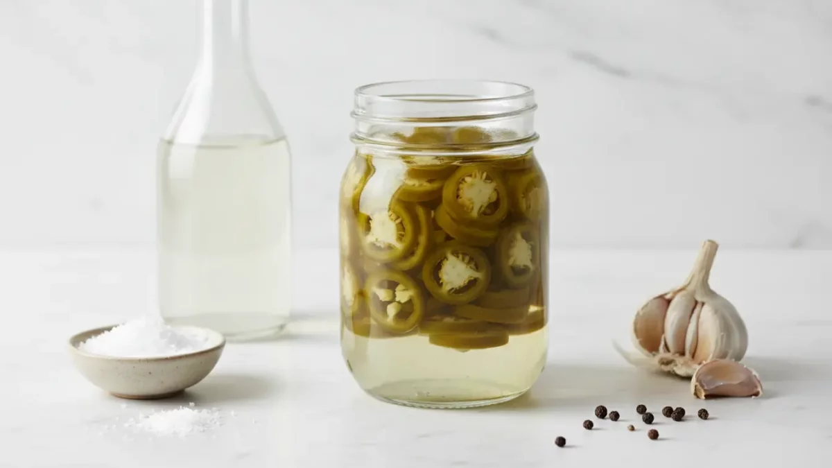 Glas eingelegter Oliven in Salzlake mit Knoblauch.