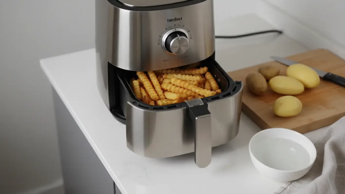 Edelstahl-Heißluftfritteuse mit Pommes im Korb.
