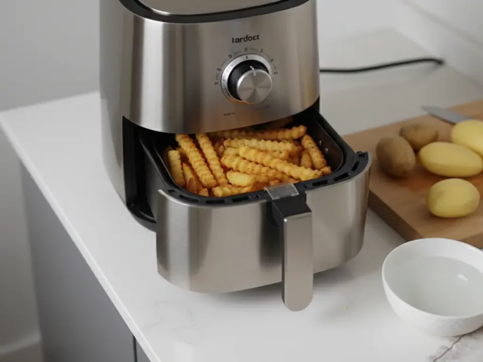 Edelstahl-Heißluftfritteuse mit Pommes im Korb.