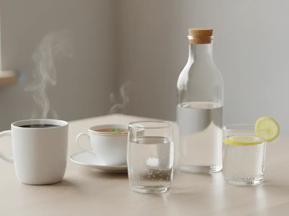 Tisch mit dampfendem Kaffee, Tee, Wasser und Limettenscheibe.
