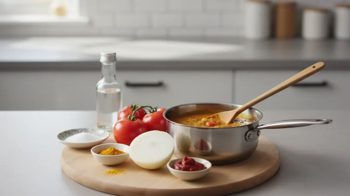 Küche: Topf mit Sauce, Tomaten, Zwiebel und Gewürze.