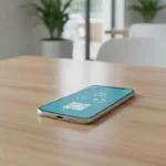 Smartphone liegt flach auf Holztisch, QR-Code sichtbar.